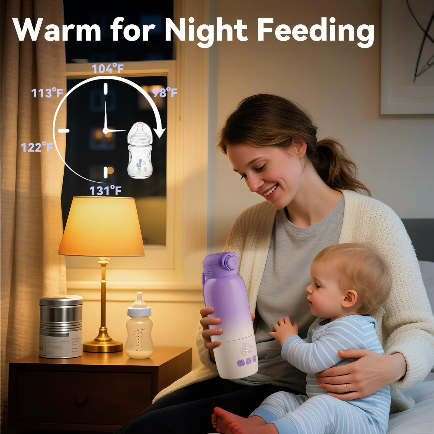 PKALQ Portable Bottle Warmer for Travel, Large 12oz Capacity with Dual Heating Modes for Breast Milk & Water, Smart Temperature Control, Baby Bottle Warmer for Travel, Gifts for New Mom, Purple