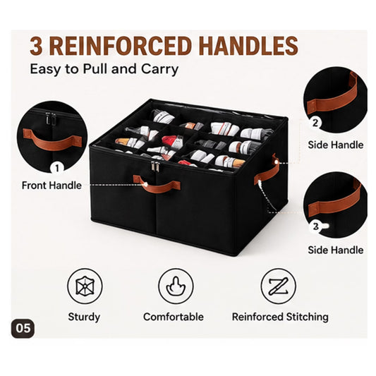 PKALQ 2 Pack Shoe Organizer for Closet, Foldable Shoe Storage Bins with Clear Cover, Space Saving Shoes Holder with 3 Handles, Shoe Box Storage Containers, Fits up to 32 Pairs, Black