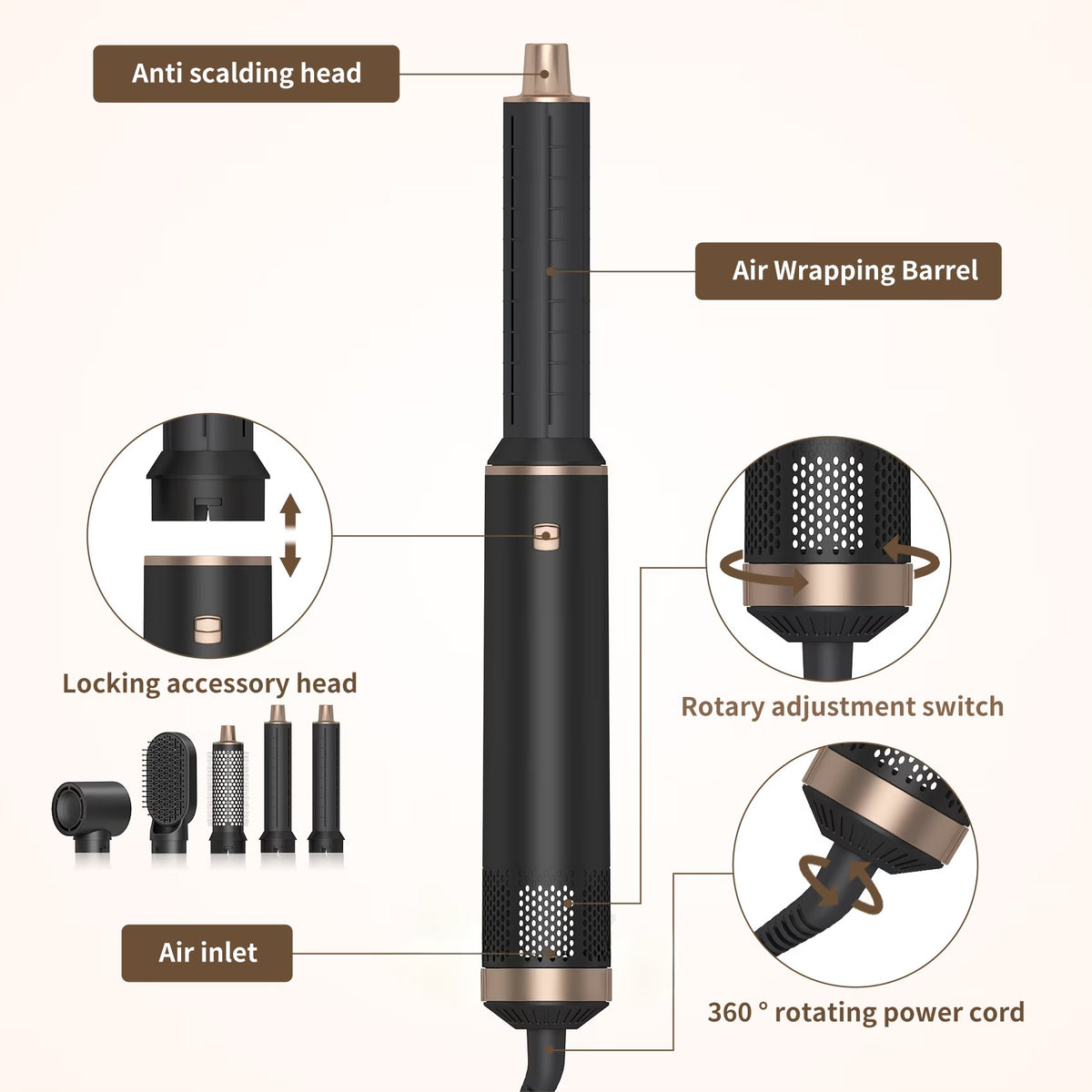 5 in 1 Blow Dryer Brush, Upgrade Hair Dryer Brush Air Curler Air Curling Wrap Styler, Detachable Hot Air Brush Negative Ion Curling Brush Iron, Hair Styling Tools for Drying Curling Straightening