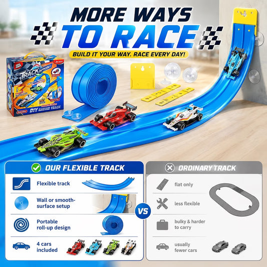 15 ft Flexible Race Track for Kids, Portable Dual Sided Racetrack with 4 Car & Suction Cups, Compatible with Hot Wheels & 1/64 Diecast Cars, Classic Long Rolls up Race Track for Boys Girls (Blue)