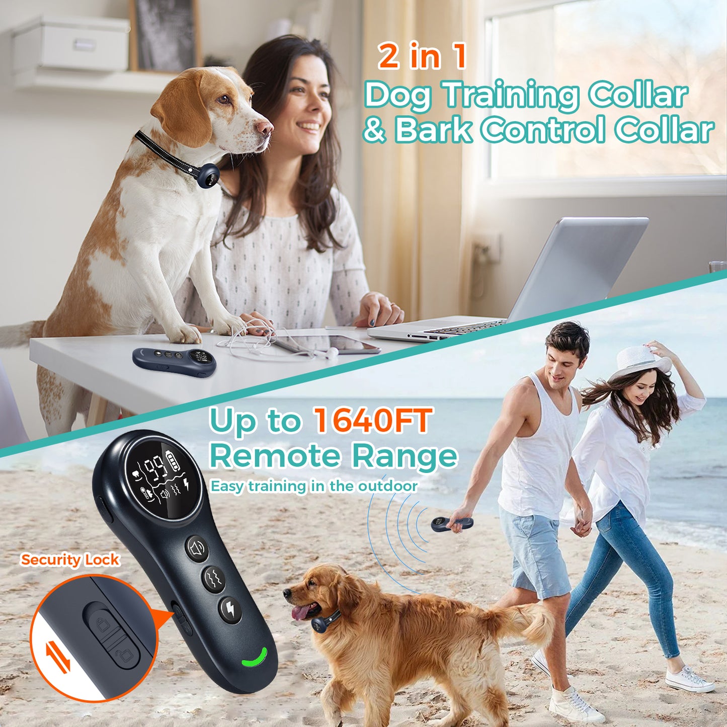 Pkalq 2-in-1 Dog Shock Collar & Dog Bark Collar - Smart Anti Barking Dog Training Collar with 5 Adjustable Sensitivity & 3300FT Remote for All Breeds IP67 Waterproof E-Collar
