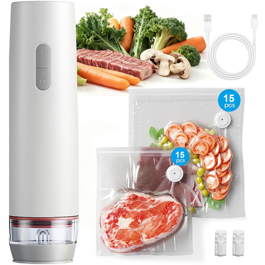 PKALQ Food Saver Vacuum Sealer Machine with 30 Reusable Bags, Eco Friendly Design, One-Touch Operation, for Home Kitchen/Camping, Ideal for Eco-Conscious Families & Meal Preppers