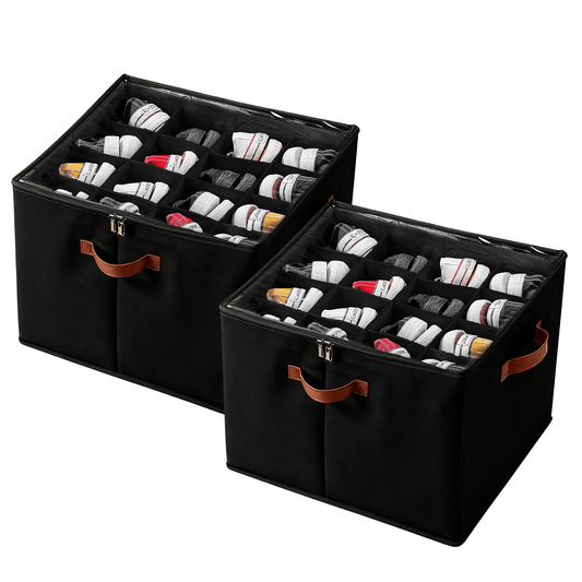 PKALQ 2 Pack Shoe Organizer for Closet, Foldable Shoe Storage Bins with Clear Cover, Space Saving Shoes Holder with 3 Handles, Shoe Box Storage Containers, Fits up to 32 Pairs, Black