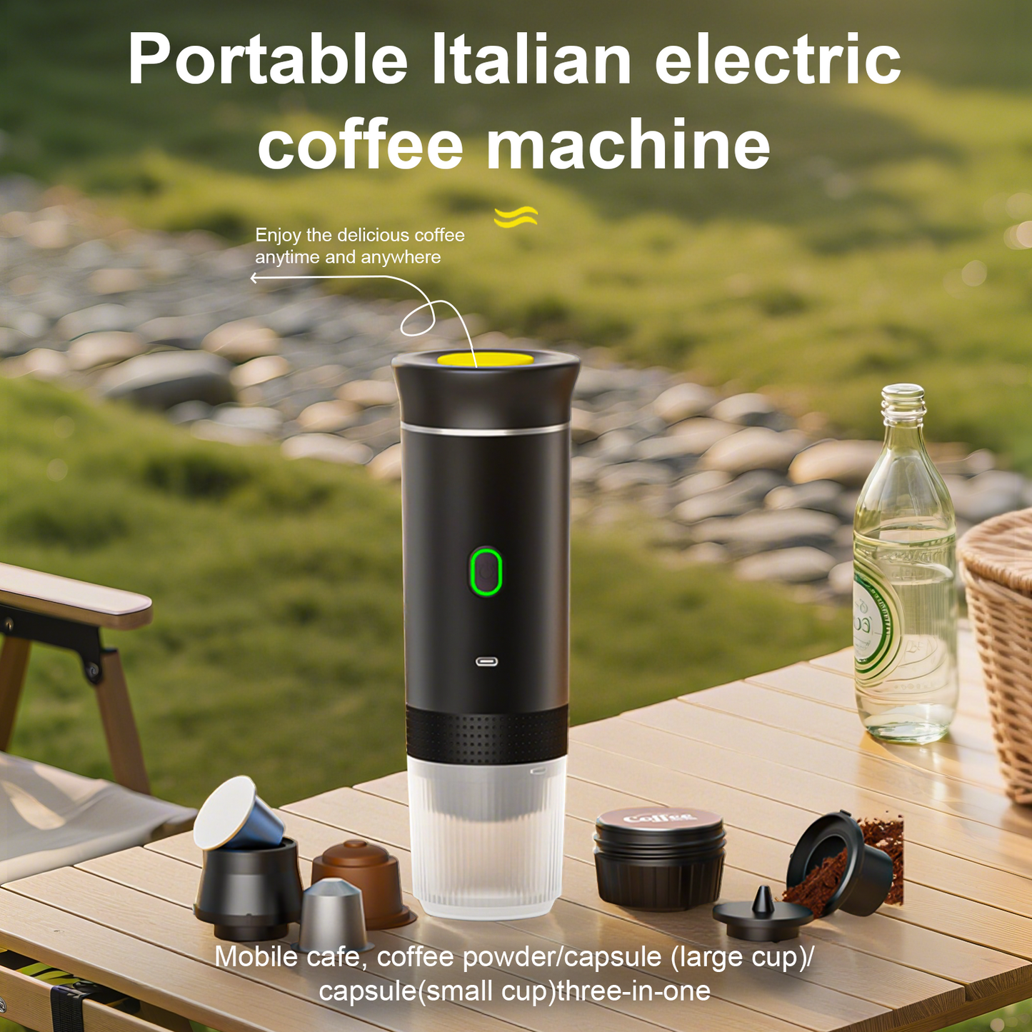 Pkalq 3-in-1 Portable Coffee Maker for Travel,Self-Heating Espresso Machine with USB-C,LED Display,20 Bar,Compatible with Coffee Grounds&Capsules (Ns&DG)–Portable Espresso Maker for Car,RV,Camping,Off