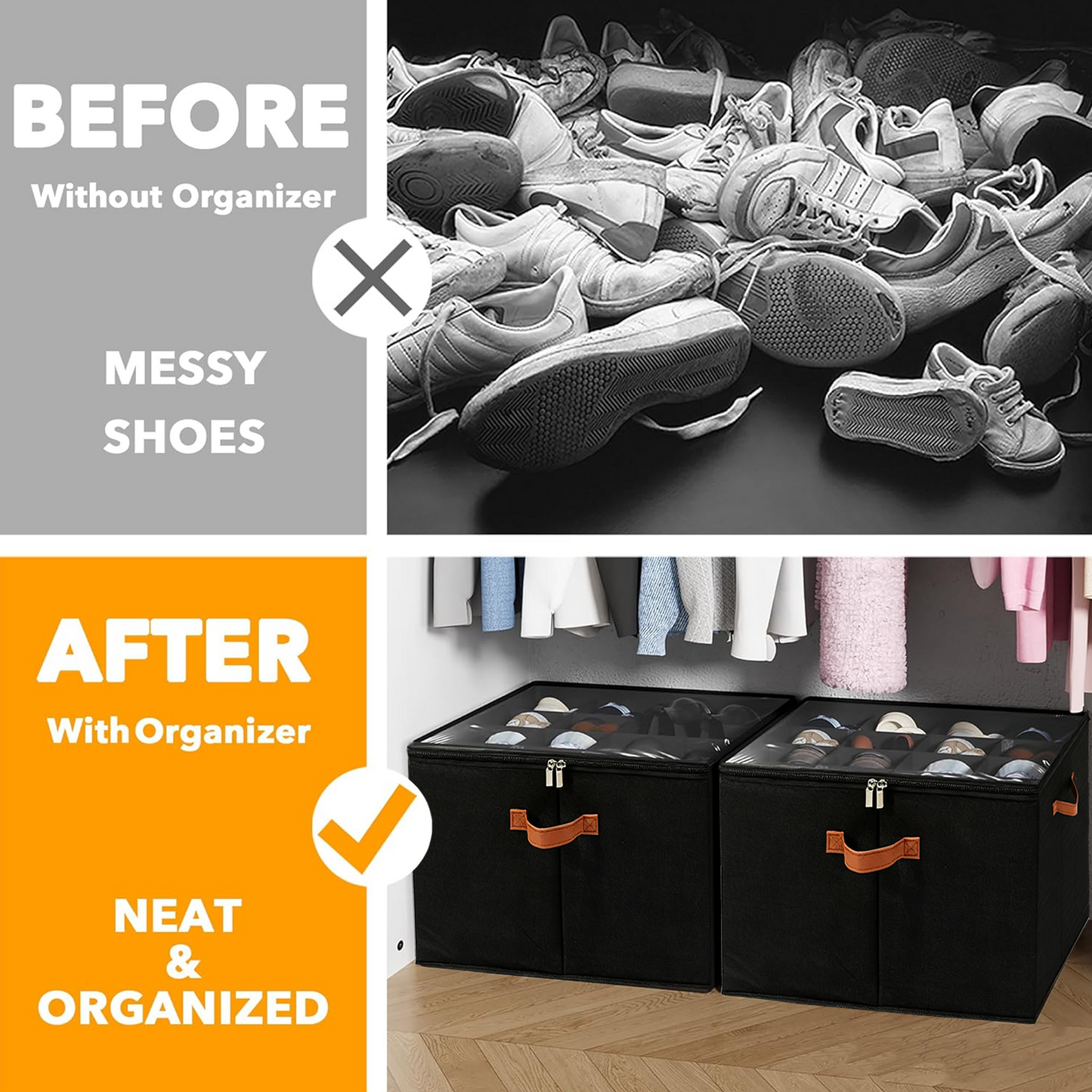 PKALQ 2 Pack Shoe Organizer for Closet, Foldable Shoe Storage Bins with Clear Cover, Space Saving Shoes Holder with 3 Handles, Shoe Box Storage Containers, Fits up to 32 Pairs, Black