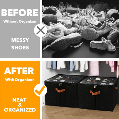 PKALQ 2 Pack Shoe Organizer for Closet, Foldable Shoe Storage Bins with Clear Cover, Space Saving Shoes Holder with 3 Handles, Shoe Box Storage Containers, Fits up to 32 Pairs, Black
