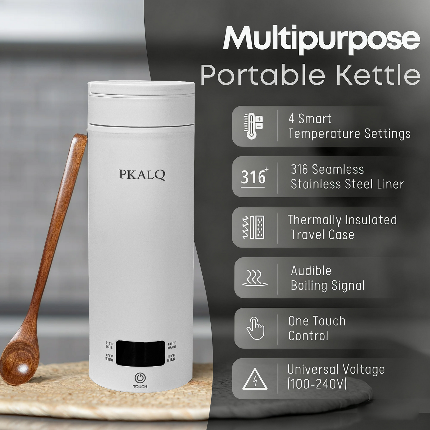 PKALQ Travel Electric Kettle Portable Mini Kettle,Small Hot Water Boiler with 4 Temperature Settings,316 Stainless Steel,Fast Boiling Water with Auto Shut-Off and Boil Dry Protection,450ml