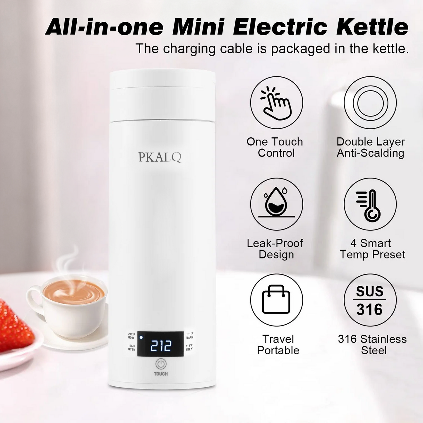 PKALQ Travel Electric Kettle Portable Mini Kettle,Small Hot Water Boiler with 4 Temperature Settings,316 Stainless Steel,Fast Boiling Water with Auto Shut-Off and Boil Dry Protection,450ml