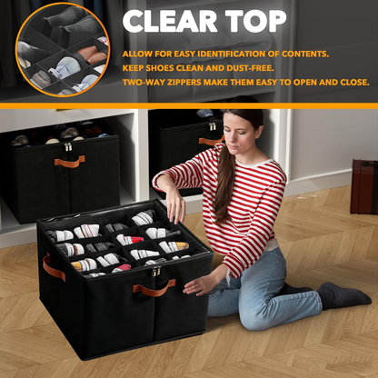 PKALQ 2 Pack Shoe Organizer for Closet, Foldable Shoe Storage Bins with Clear Cover, Space Saving Shoes Holder with 3 Handles, Shoe Box Storage Containers, Fits up to 32 Pairs, Black