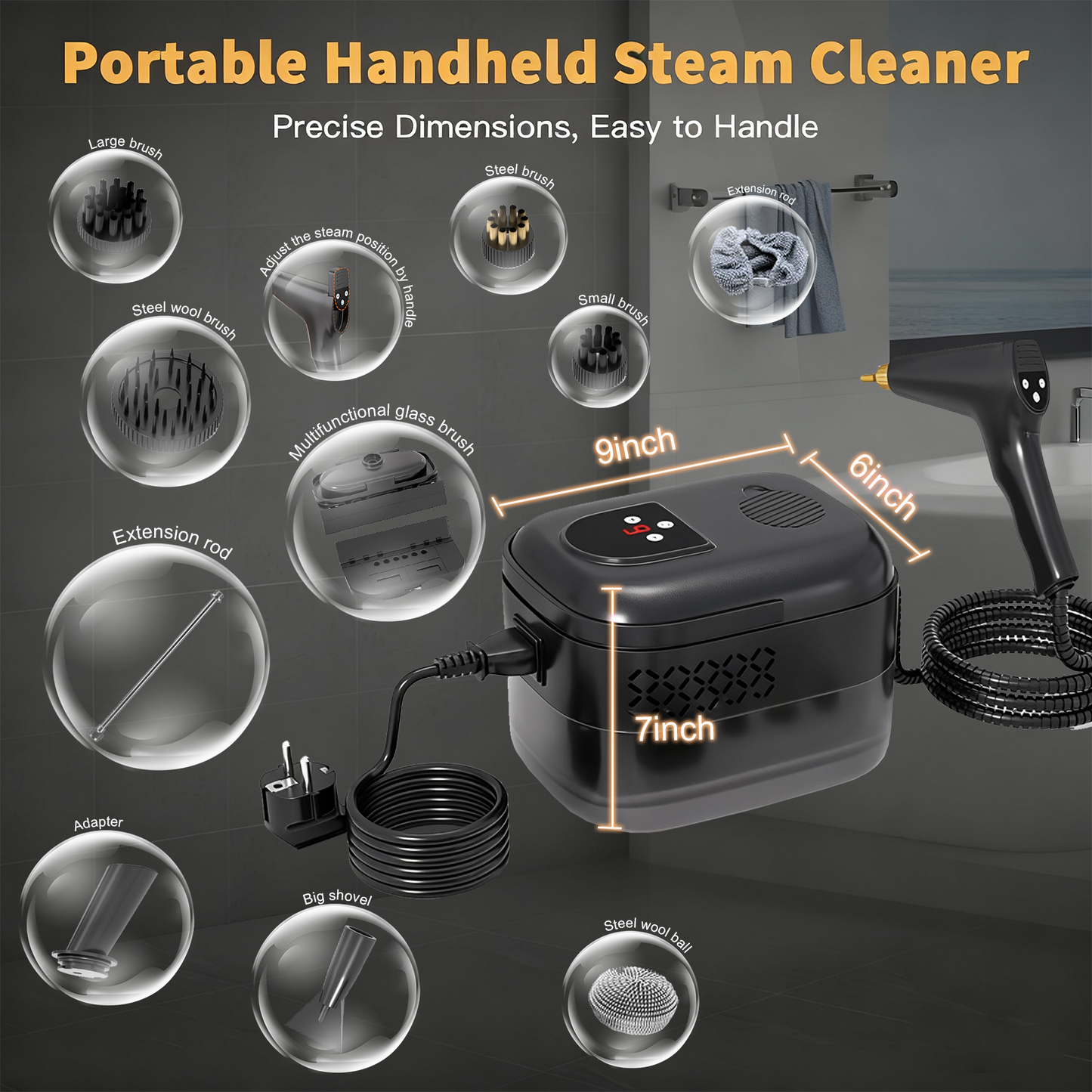 1500W High-Pressure Handheld Steam Cleaner - 221°F Fast Heating & Portable Steam Cleaning for Home , Bathrooms, Car Interiors Eliminates Pet Hair, Allergens, Stubborn Grime
