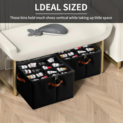 PKALQ 2 Pack Shoe Organizer for Closet, Foldable Shoe Storage Bins with Clear Cover, Space Saving Shoes Holder with 3 Handles, Shoe Box Storage Containers, Fits up to 32 Pairs, Black