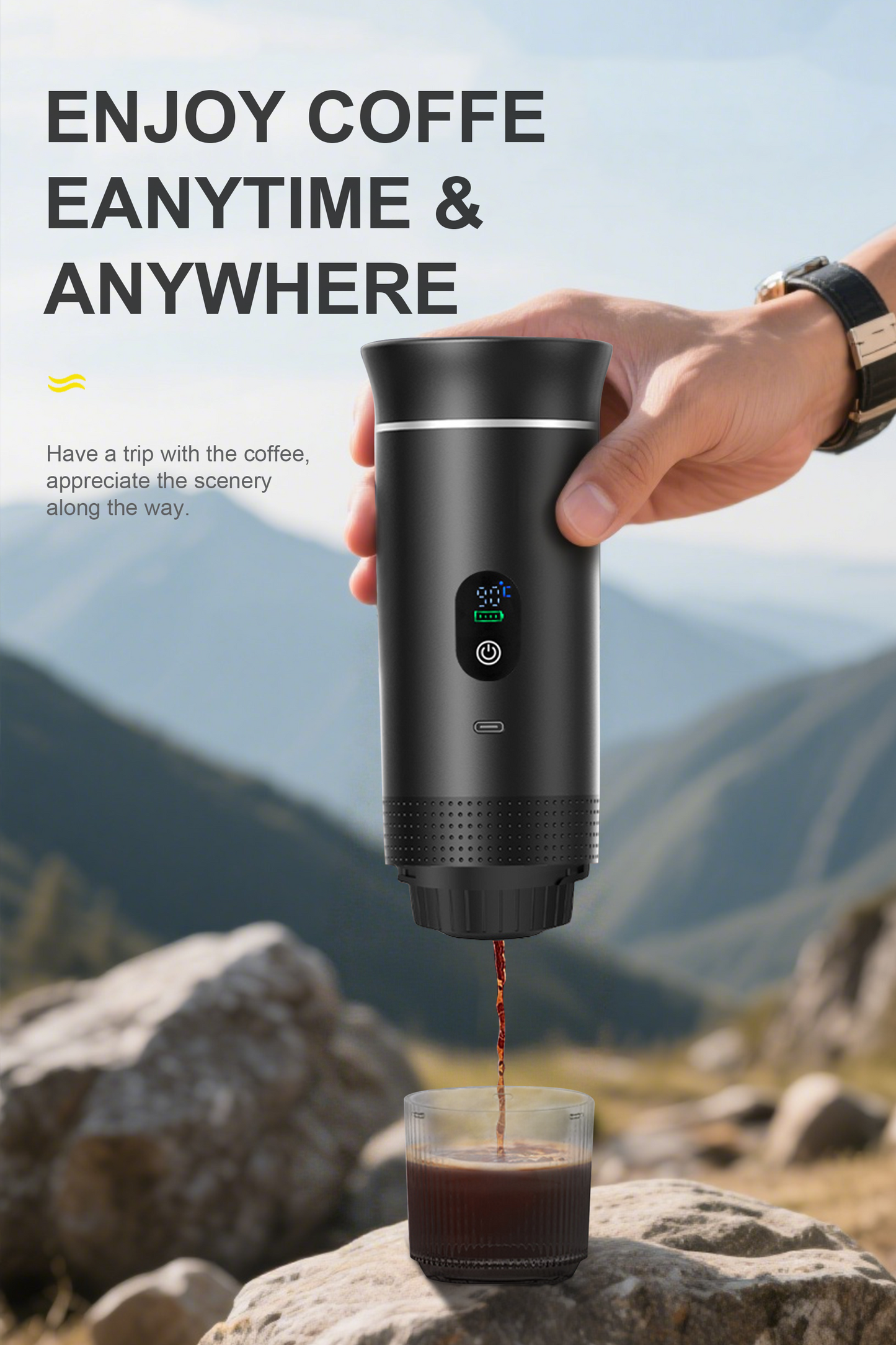 Pkalq 3-in-1 Portable Coffee Maker for Travel,Self-Heating Espresso Machine with USB-C,LED Display,20 Bar,Compatible with Coffee Grounds&Capsules (Ns&DG)–Portable Espresso Maker for Car,RV,Camping,Off