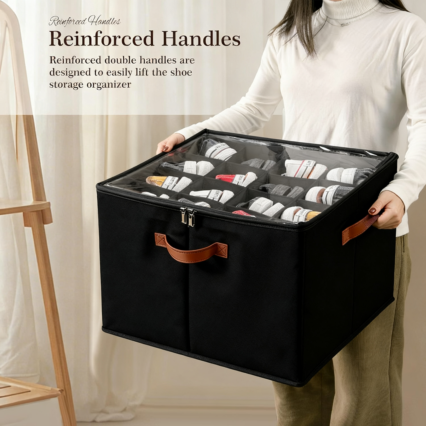 PKALQ 2 Pack Shoe Organizer for Closet, Foldable Shoe Storage Bins with Clear Cover, Space Saving Shoes Holder with 3 Handles, Shoe Box Storage Containers, Fits up to 32 Pairs, Black