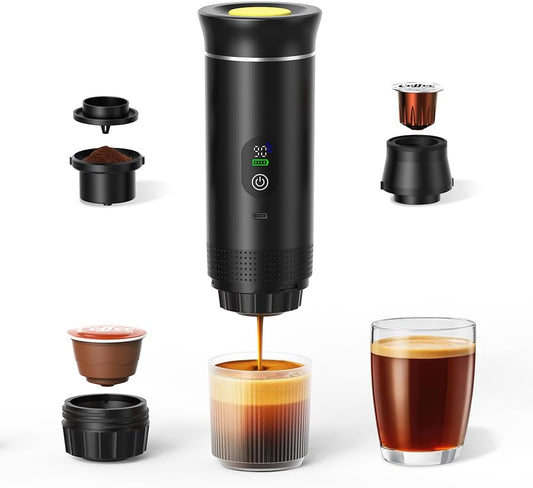 Pkalq 3-in-1 Portable Coffee Maker for Travel,Self-Heating Espresso Machine with USB-C,LED Display,20 Bar,Compatible with Coffee Grounds&Capsules (Ns&DG)–Portable Espresso Maker for Car,RV,Camping,Off