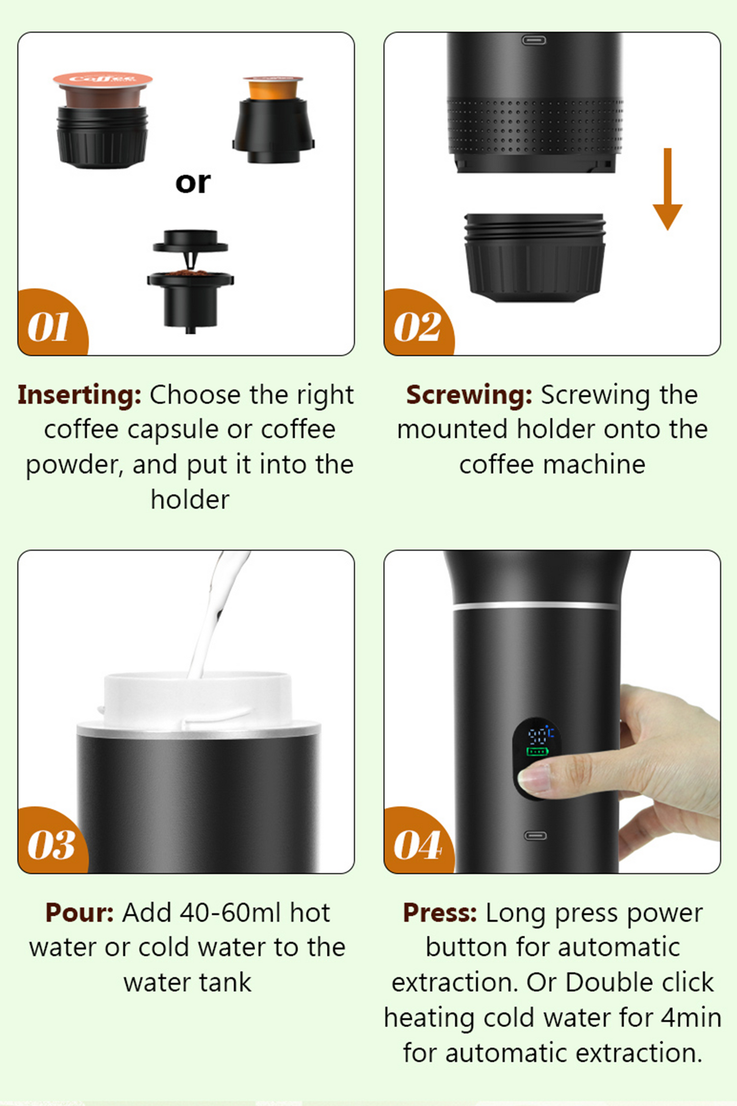 Pkalq 3-in-1 Portable Coffee Maker for Travel,Self-Heating Espresso Machine with USB-C,LED Display,20 Bar,Compatible with Coffee Grounds&Capsules (Ns&DG)–Portable Espresso Maker for Car,RV,Camping,Off