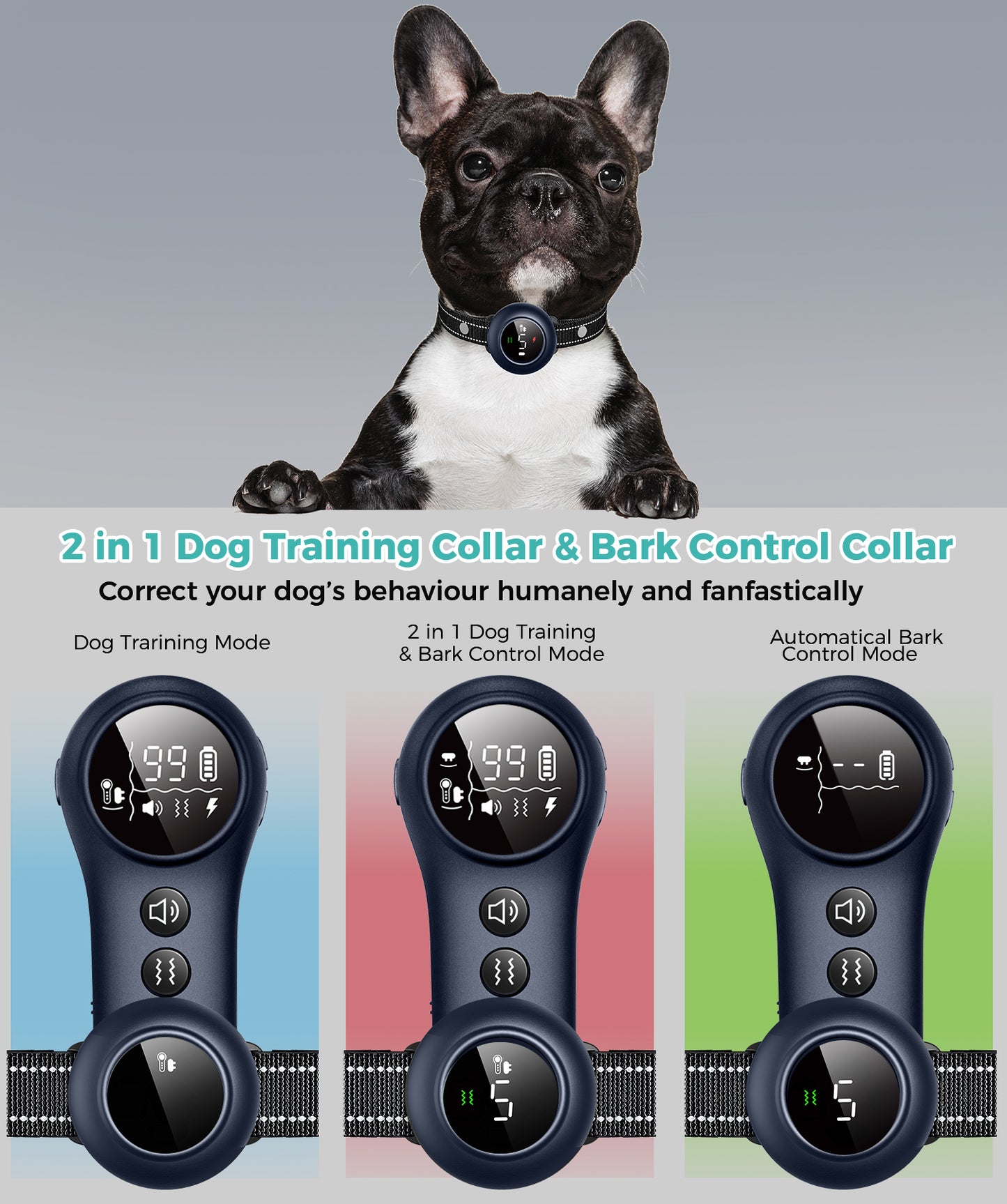 Pkalq 2-in-1 Dog Shock Collar & Dog Bark Collar - Smart Anti Barking Dog Training Collar with 5 Adjustable Sensitivity & 3300FT Remote for All Breeds IP67 Waterproof E-Collar