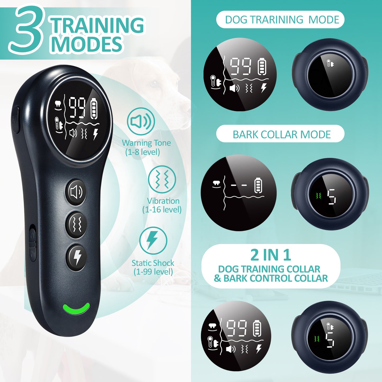 Pkalq 2-in-1 Dog Shock Collar & Dog Bark Collar - Smart Anti Barking Dog Training Collar with 5 Adjustable Sensitivity & 3300FT Remote for All Breeds IP67 Waterproof E-Collar