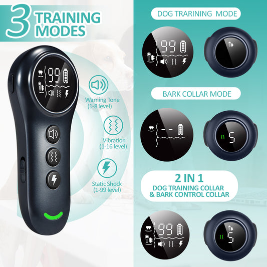 Pkalq 2-in-1 Dog Shock Collar & Dog Bark Collar - Smart Anti Barking Dog Training Collar with 5 Adjustable Sensitivity & 3300FT Remote for All Breeds IP67 Waterproof E-Collar
