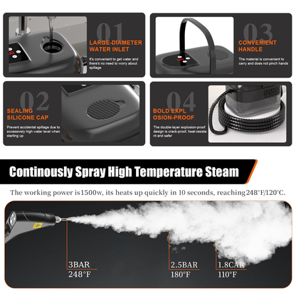 1500W High-Pressure Handheld Steam Cleaner - 221°F Fast Heating & Portable Steam Cleaning for Home , Bathrooms, Car Interiors Eliminates Pet Hair, Allergens, Stubborn Grime