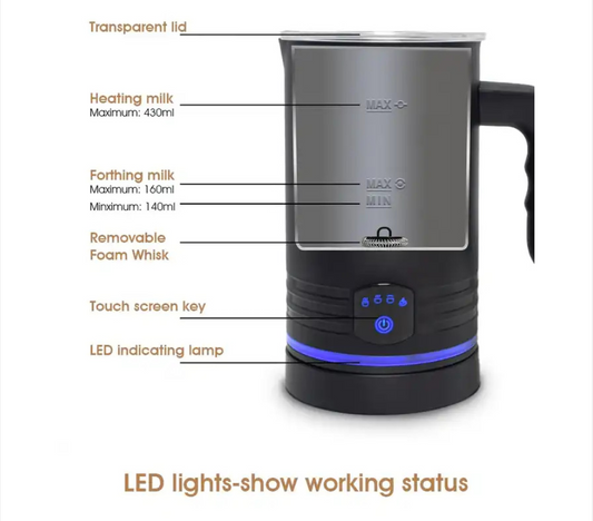 Pkalq Milk Frother, 4-in-1 Electric Milk Steamer, 15oz/430ml Automatic Hot and Cold Foam Maker and Milk Warmer for Latte, Cappuccinos, Macchiato, From the Makers of Instant 500W, Black