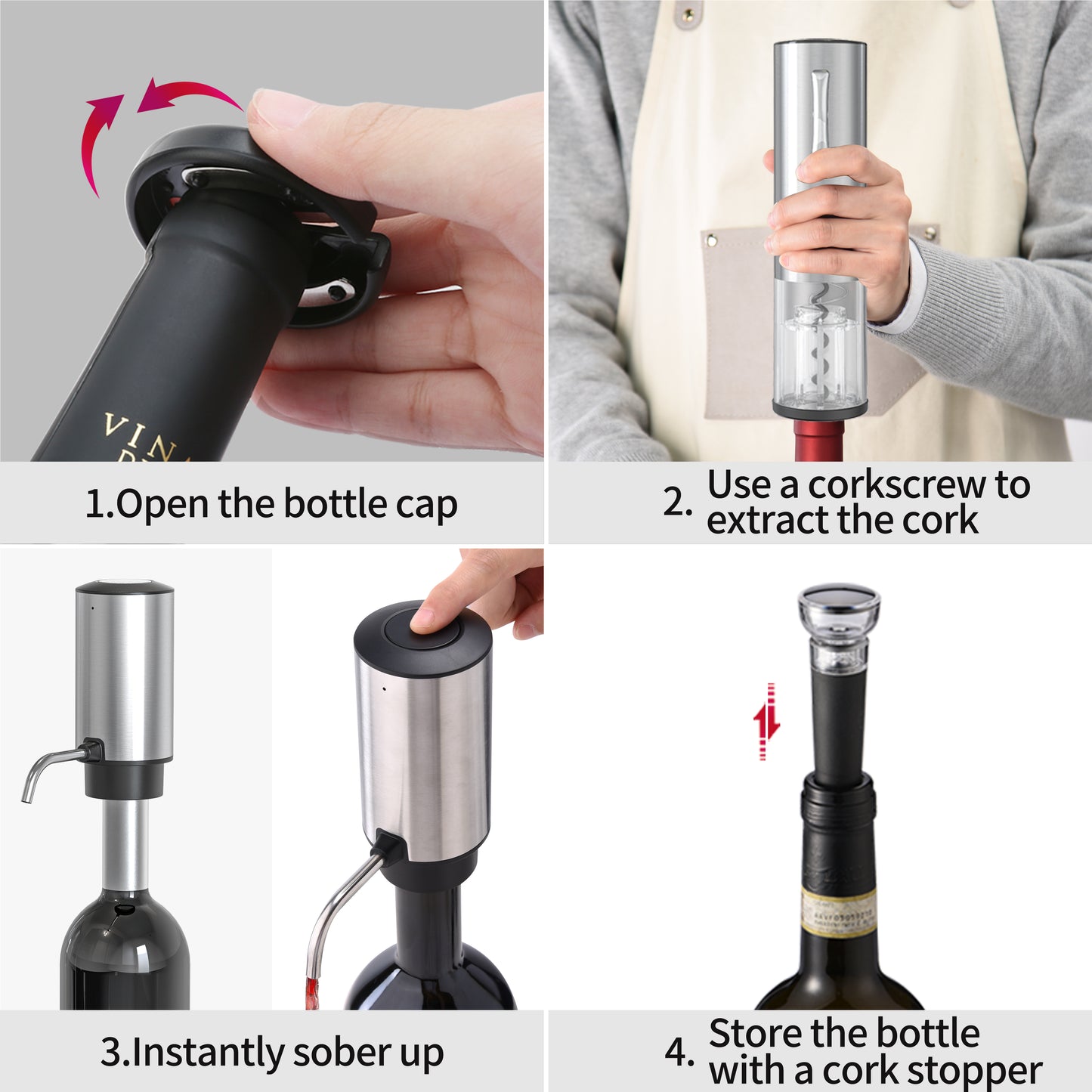 Paklq Electric Wine Opener Set, Rechargeable Automatic Wine Bottle Opener, Dispenser, Mother’s Day 4 in 1 Gift Set for Wine Lovers