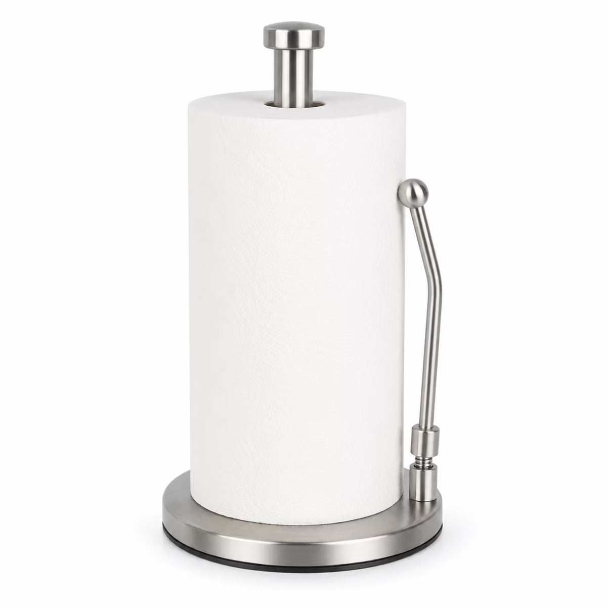 Countertop Paper Towel Holder, Stainless Steel Standing Paper Towel Roll Holder with Weighted Base, Non-Slip Bottom and Easy-Tear Spring Arm for Kitchen, Bathroom, RV, Silver