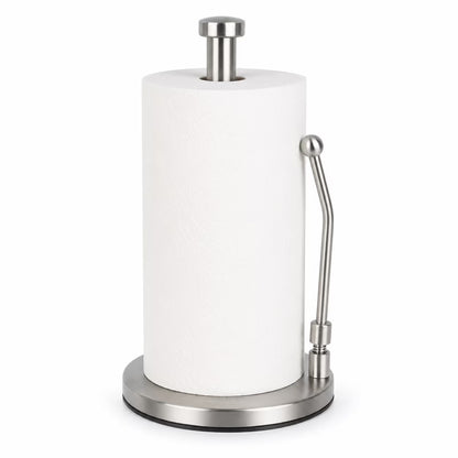 Countertop Paper Towel Holder, Stainless Steel Standing Paper Towel Roll Holder with Weighted Base, Non-Slip Bottom and Easy-Tear Spring Arm for Kitchen, Bathroom, RV, Silver