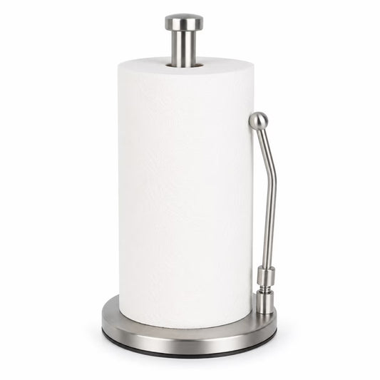 Countertop Paper Towel Holder, Stainless Steel Standing Paper Towel Roll Holder with Weighted Base, Non-Slip Bottom and Easy-Tear Spring Arm for Kitchen, Bathroom, RV, Silver
