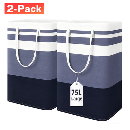 PKALQ 2 Pack Laundry Hamper Large Collapsible Laundry Baskets, Freestanding Waterproof Clothes Hamper with Easy Carry Handles in Laundry Room Bedroom Bathroom College Dorm, Blue 2 x 75L