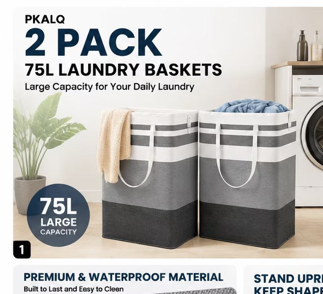 PKALQ 2 Pack Laundry Baskets, Collapsible Clothes Hamper, Freestanding Waterproof Dirty Clothes Hamper with Easy Carry Handles in Laundry Room, College Dorm, Bathroom, Bedroom 75L Gray