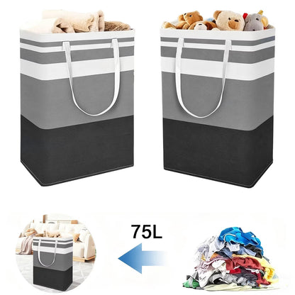 PKALQ 2 Pack Laundry Baskets, Collapsible Clothes Hamper, Freestanding Waterproof Dirty Clothes Hamper with Easy Carry Handles in Laundry Room, College Dorm, Bathroom, Bedroom 75L Gray