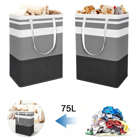 PKALQ 2 Pack Laundry Baskets, Collapsible Clothes Hamper, Freestanding Waterproof Dirty Clothes Hamper with Easy Carry Handles in Laundry Room, College Dorm, Bathroom, Bedroom 75L Gray