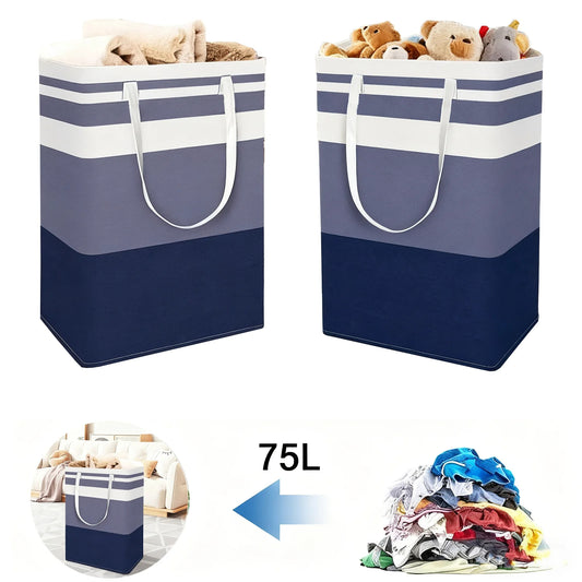 PKALQ 2 Pack Laundry Hamper Large Collapsible Laundry Baskets, Freestanding Waterproof Clothes Hamper with Easy Carry Handles in Laundry Room Bedroom Bathroom College Dorm, Blue 2 x 75L