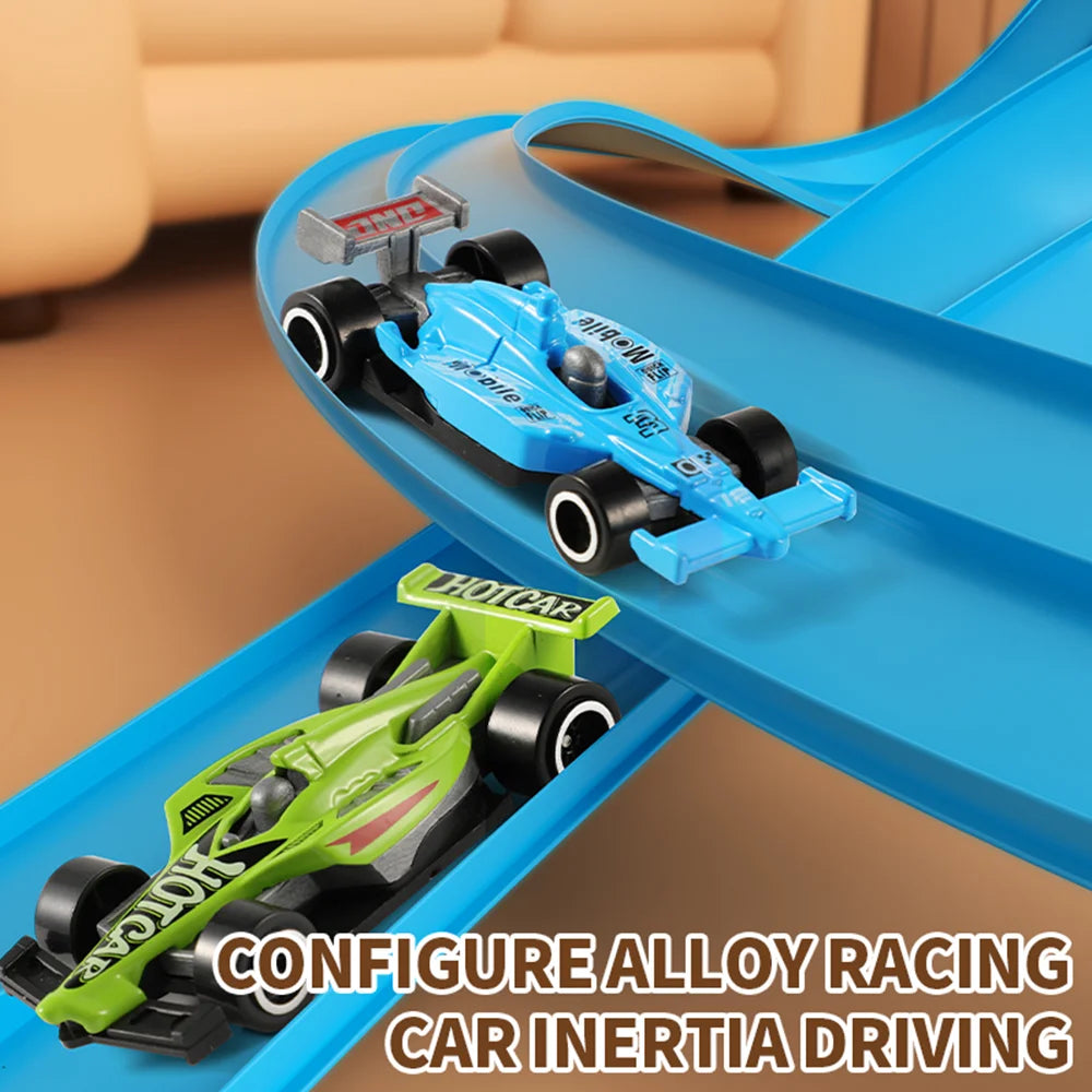 15 Ft Flexible Race Track for Kids, Portable Dual Sided Racetrack with 4 Car & Suction Cups, Compatible with Hot Wheels & 1/64 Diecast Cars, Classic Long Rolls up Race Track for Boys Girls (Blue)