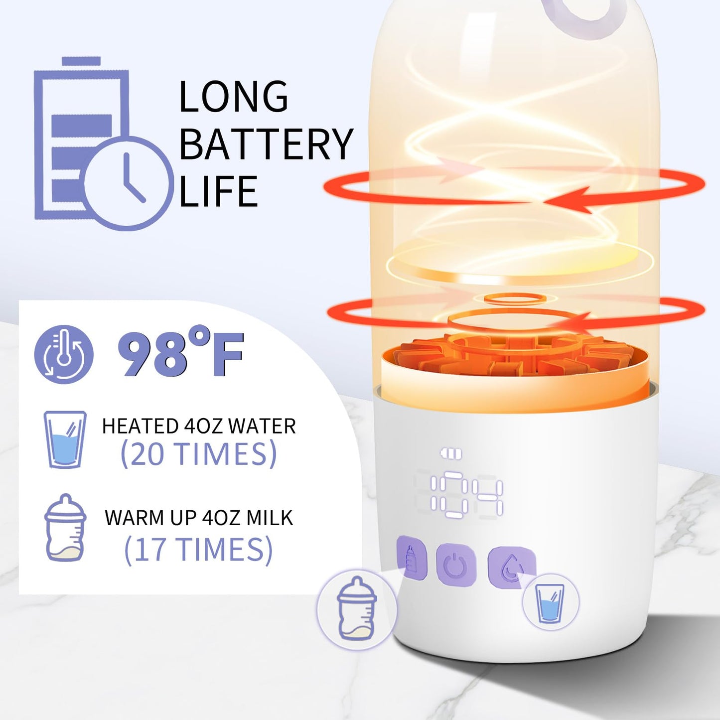PKALQ Portable Bottle Warmer for Travel, Large 12oz Capacity with Dual Heating Modes for Breast Milk & Water, Smart Temperature Control, Baby Bottle Warmer for Travel, Gifts for New Mom, Purple