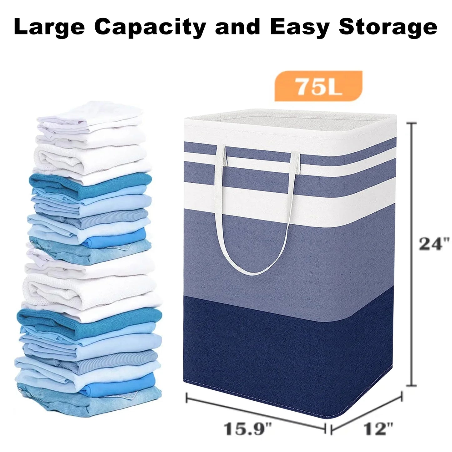 PKALQ 2 Pack Laundry Hamper Large Collapsible Laundry Baskets, Freestanding Waterproof Clothes Hamper with Easy Carry Handles in Laundry Room Bedroom Bathroom College Dorm, Blue 2 x 75L