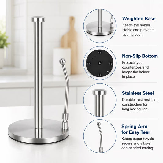 Countertop Paper Towel Holder, Stainless Steel Standing Paper Towel Roll Holder with Weighted Base, Non-Slip Bottom and Easy-Tear Spring Arm for Kitchen, Bathroom, RV, Silver