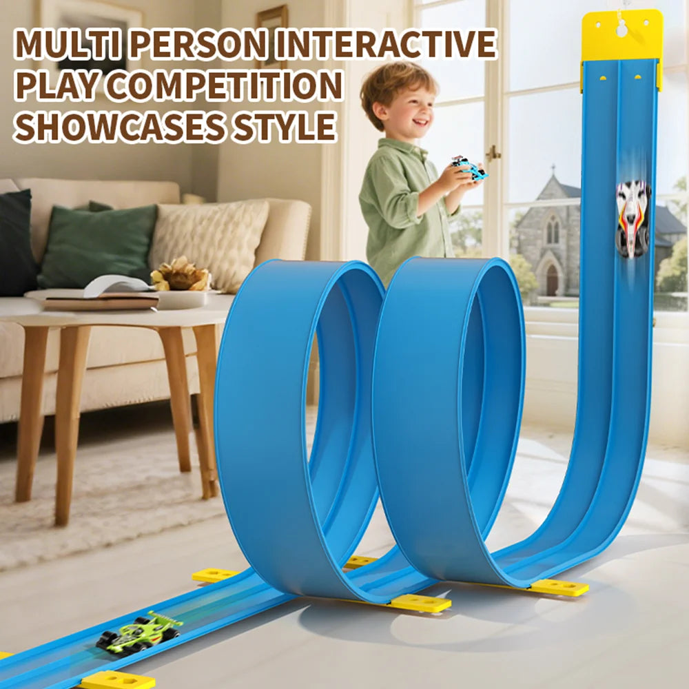 15 Ft Flexible Race Track for Kids, Portable Dual Sided Racetrack with 4 Car & Suction Cups, Compatible with Hot Wheels & 1/64 Diecast Cars, Classic Long Rolls up Race Track for Boys Girls (Blue)