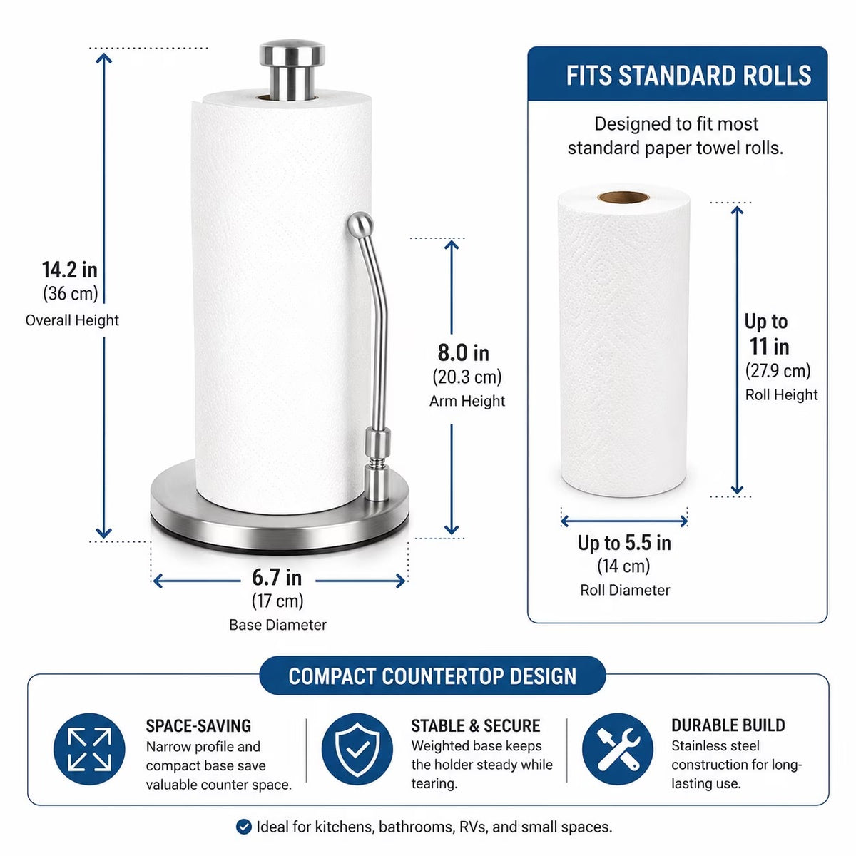 Countertop Paper Towel Holder, Stainless Steel Standing Paper Towel Roll Holder with Weighted Base, Non-Slip Bottom and Easy-Tear Spring Arm for Kitchen, Bathroom, RV, Silver