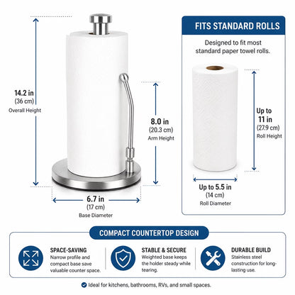 Countertop Paper Towel Holder, Stainless Steel Standing Paper Towel Roll Holder with Weighted Base, Non-Slip Bottom and Easy-Tear Spring Arm for Kitchen, Bathroom, RV, Silver