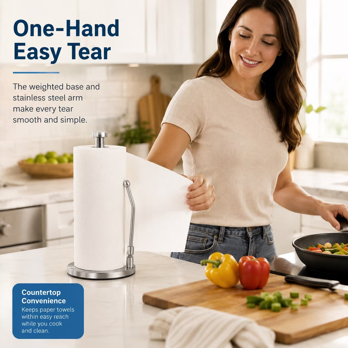 Countertop Paper Towel Holder, Stainless Steel Standing Paper Towel Roll Holder with Weighted Base, Non-Slip Bottom and Easy-Tear Spring Arm for Kitchen, Bathroom, RV, Silver
