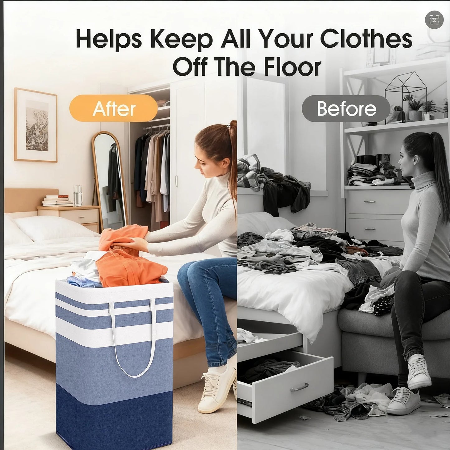 PKALQ 2 Pack Laundry Hamper Large Collapsible Laundry Baskets, Freestanding Waterproof Clothes Hamper with Easy Carry Handles in Laundry Room Bedroom Bathroom College Dorm, Blue 2 x 75L