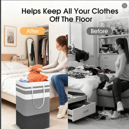 PKALQ 2 Pack Laundry Baskets, Collapsible Clothes Hamper, Freestanding Waterproof Dirty Clothes Hamper with Easy Carry Handles in Laundry Room, College Dorm, Bathroom, Bedroom 75L Gray