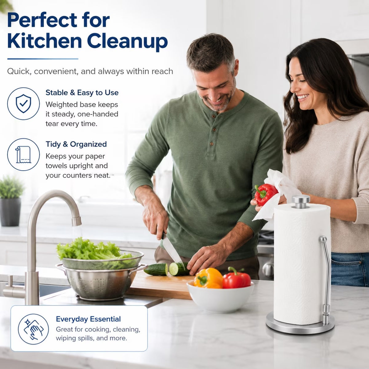 Countertop Paper Towel Holder, Stainless Steel Standing Paper Towel Roll Holder with Weighted Base, Non-Slip Bottom and Easy-Tear Spring Arm for Kitchen, Bathroom, RV, Silver