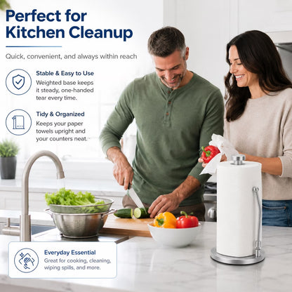 Countertop Paper Towel Holder, Stainless Steel Standing Paper Towel Roll Holder with Weighted Base, Non-Slip Bottom and Easy-Tear Spring Arm for Kitchen, Bathroom, RV, Silver