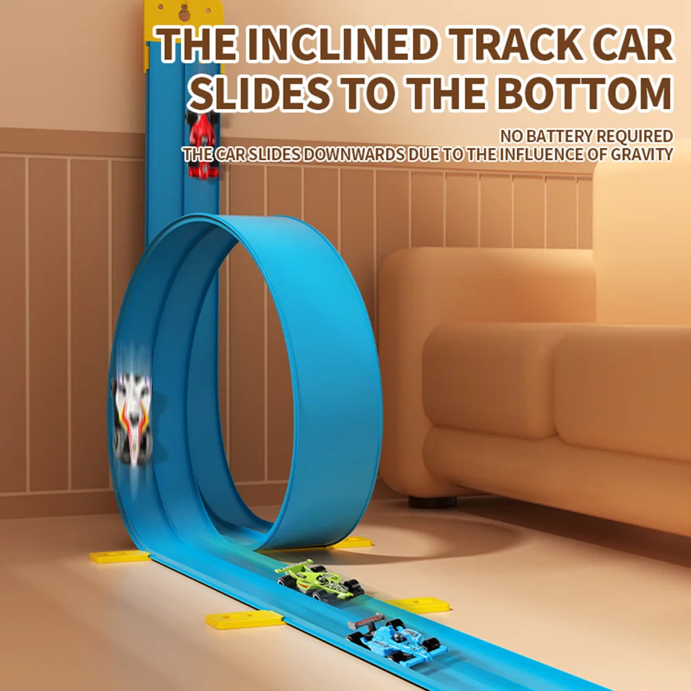 15 Ft Flexible Race Track for Kids, Portable Dual Sided Racetrack with 4 Car & Suction Cups, Compatible with Hot Wheels & 1/64 Diecast Cars, Classic Long Rolls up Race Track for Boys Girls (Blue)