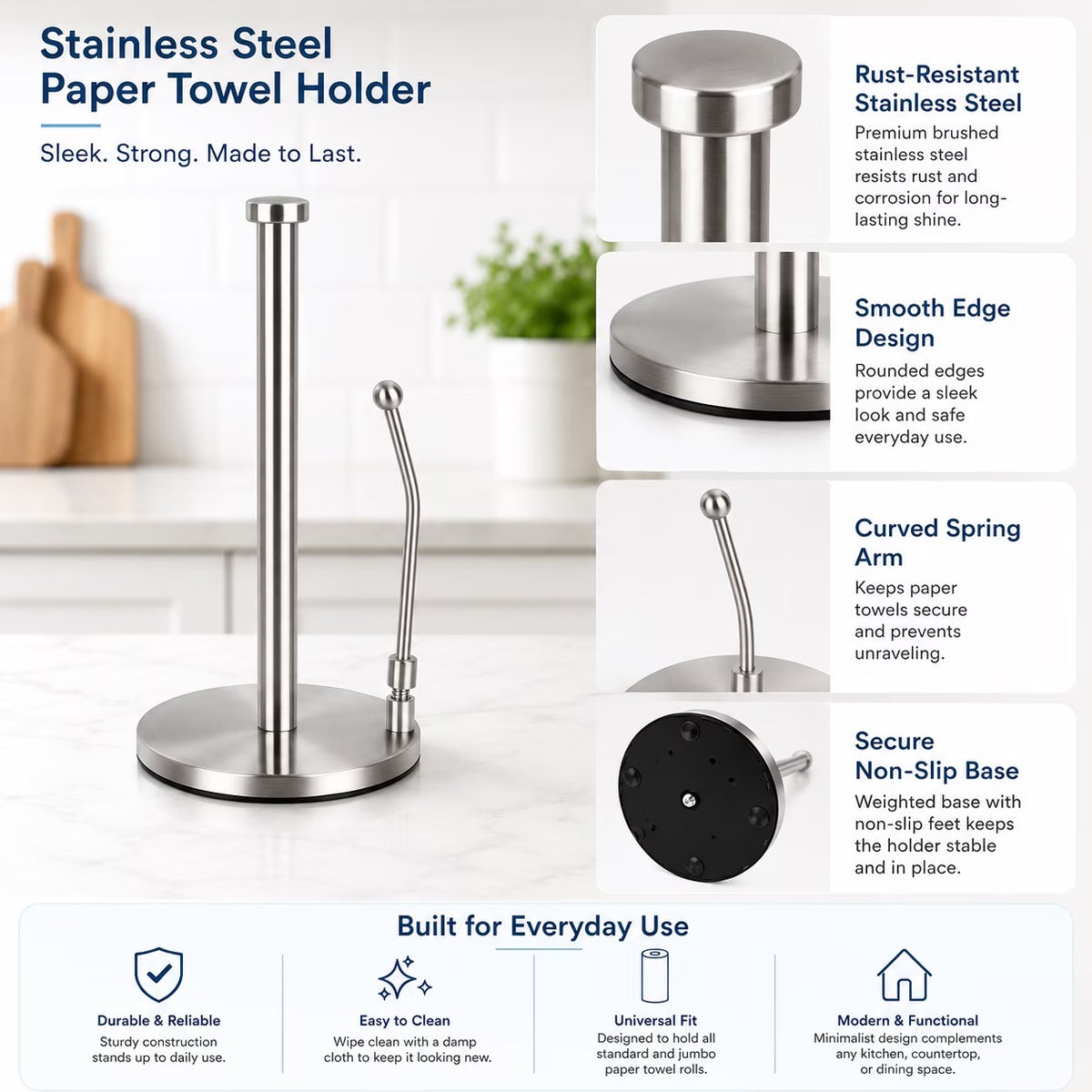 Countertop Paper Towel Holder, Stainless Steel Standing Paper Towel Roll Holder with Weighted Base, Non-Slip Bottom and Easy-Tear Spring Arm for Kitchen, Bathroom, RV, Silver
