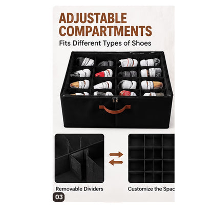 PKALQ 2 Pack Shoe Organizer for Closet, Foldable Shoe Storage Bins with Clear Cover, Space Saving Shoes Holder with 3 Handles, Shoe Box Storage Containers, Fits up to 32 Pairs, Black