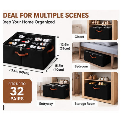 PKALQ 2 Pack Shoe Organizer for Closet, Foldable Shoe Storage Bins with Clear Cover, Space Saving Shoes Holder with 3 Handles, Shoe Box Storage Containers, Fits up to 32 Pairs, Black