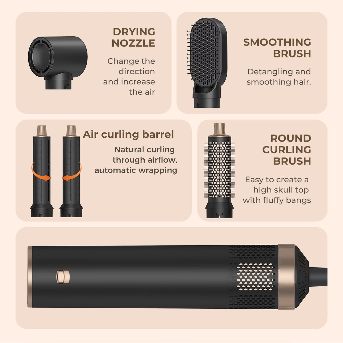 5 in 1 Blow Dryer Brush, Upgrade Hair Dryer Brush Air Curler Air Curling Wrap Styler, Detachable Hot Air Brush Negative Ion Curling Brush Iron, Hair Styling Tools for Drying Curling Straightening